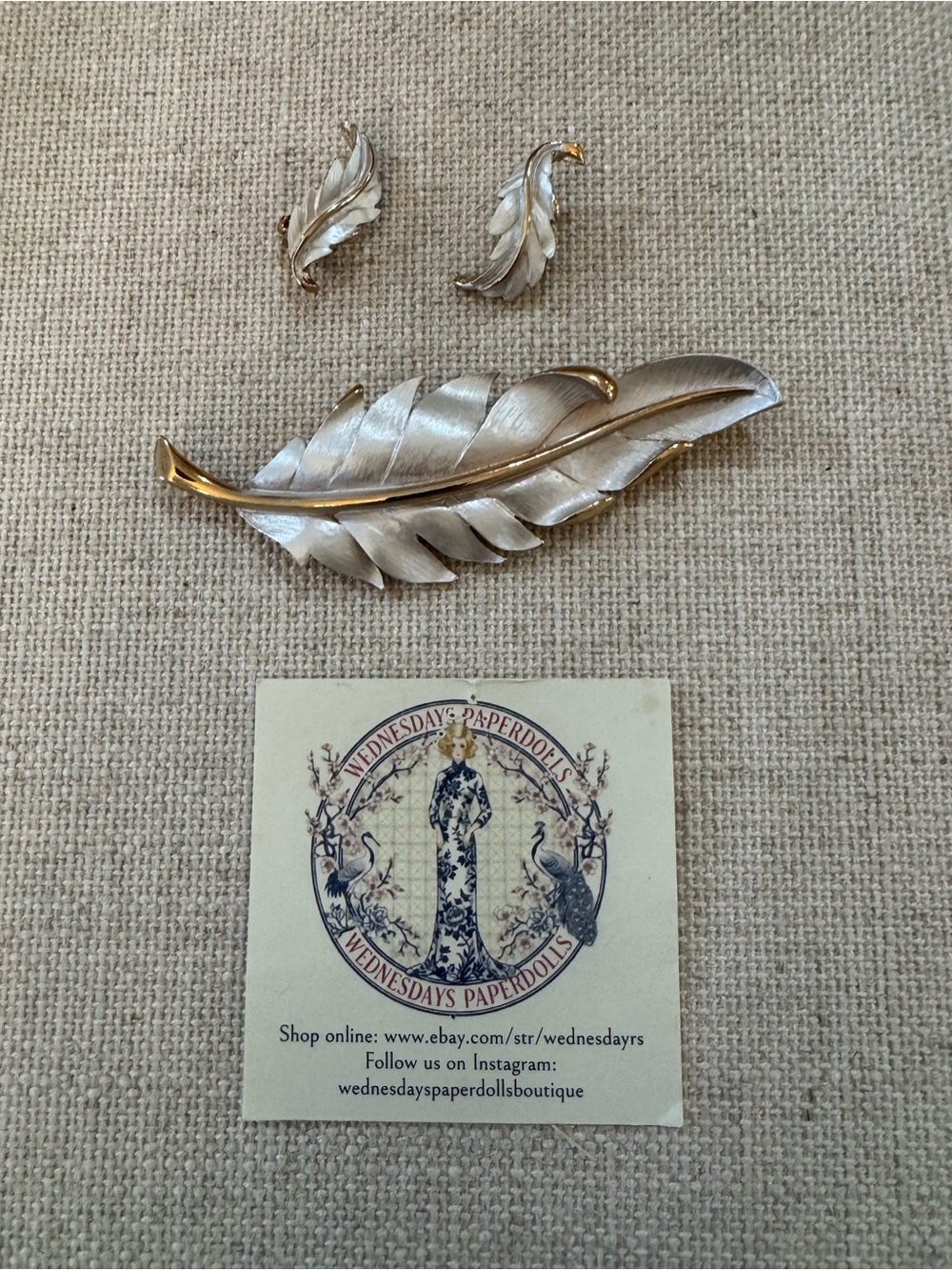 Vintage Gold & Frosted Silver Tone Leaf Brooch & Clip On Earrings Set